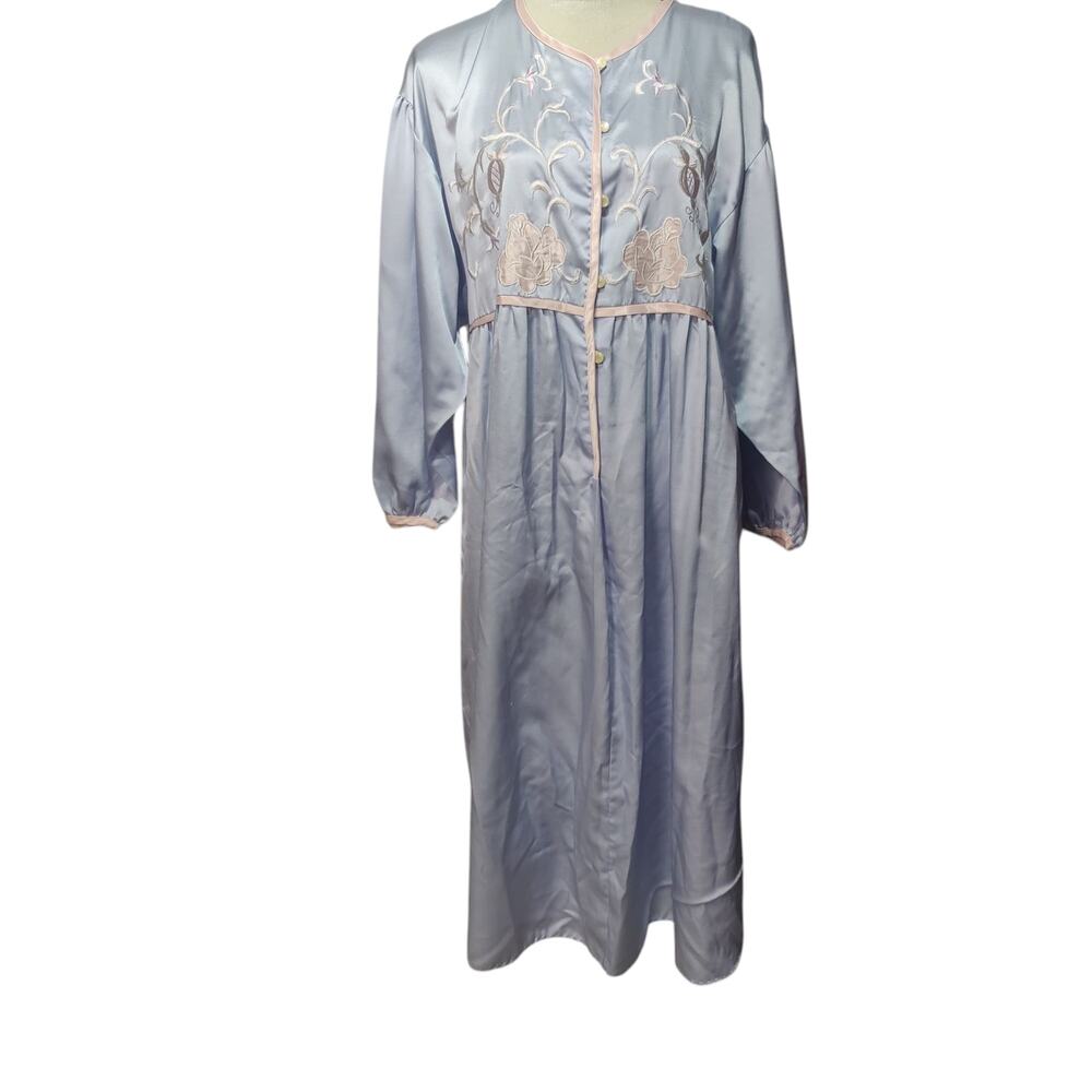 Vintage 80s Natori Women's Sz L Blue Pink Satin Applique Nightgown Long Sleeve